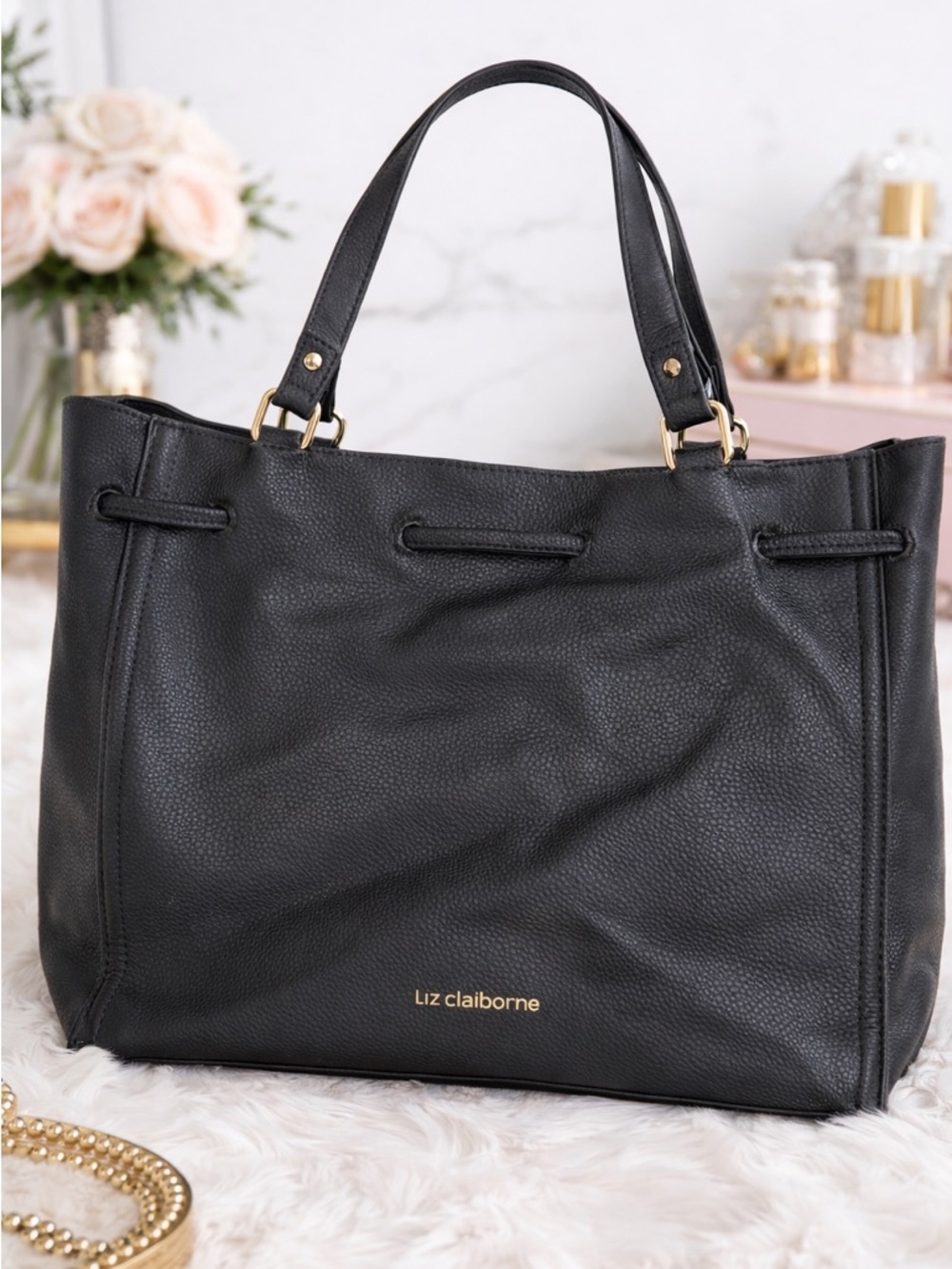 Liz Claiborne Black Pebbled Tote with Gold Hardware